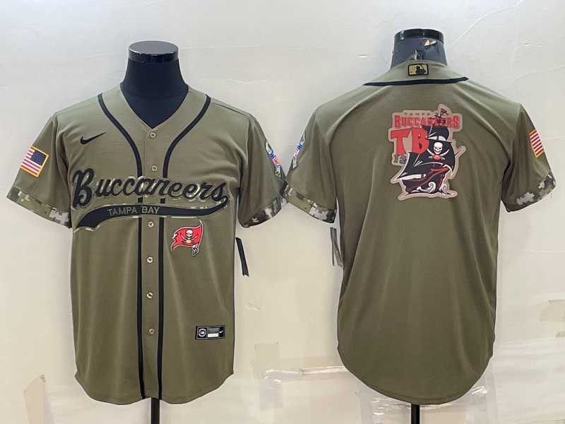 Mens Tampa Bay Buccaneers Olive Salute to Service Team Big Logo Cool Base Stitched Baseball Jersey